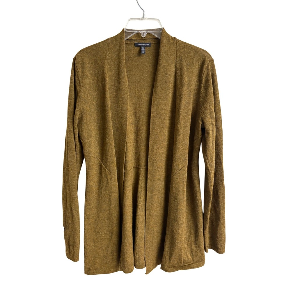 Eileen Fisher Women M Olive Brown 100% Wool Open Front Cardigan Sweater